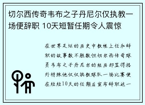 切尔西传奇韦布之子丹尼尔仅执教一场便辞职 10天短暂任期令人震惊
